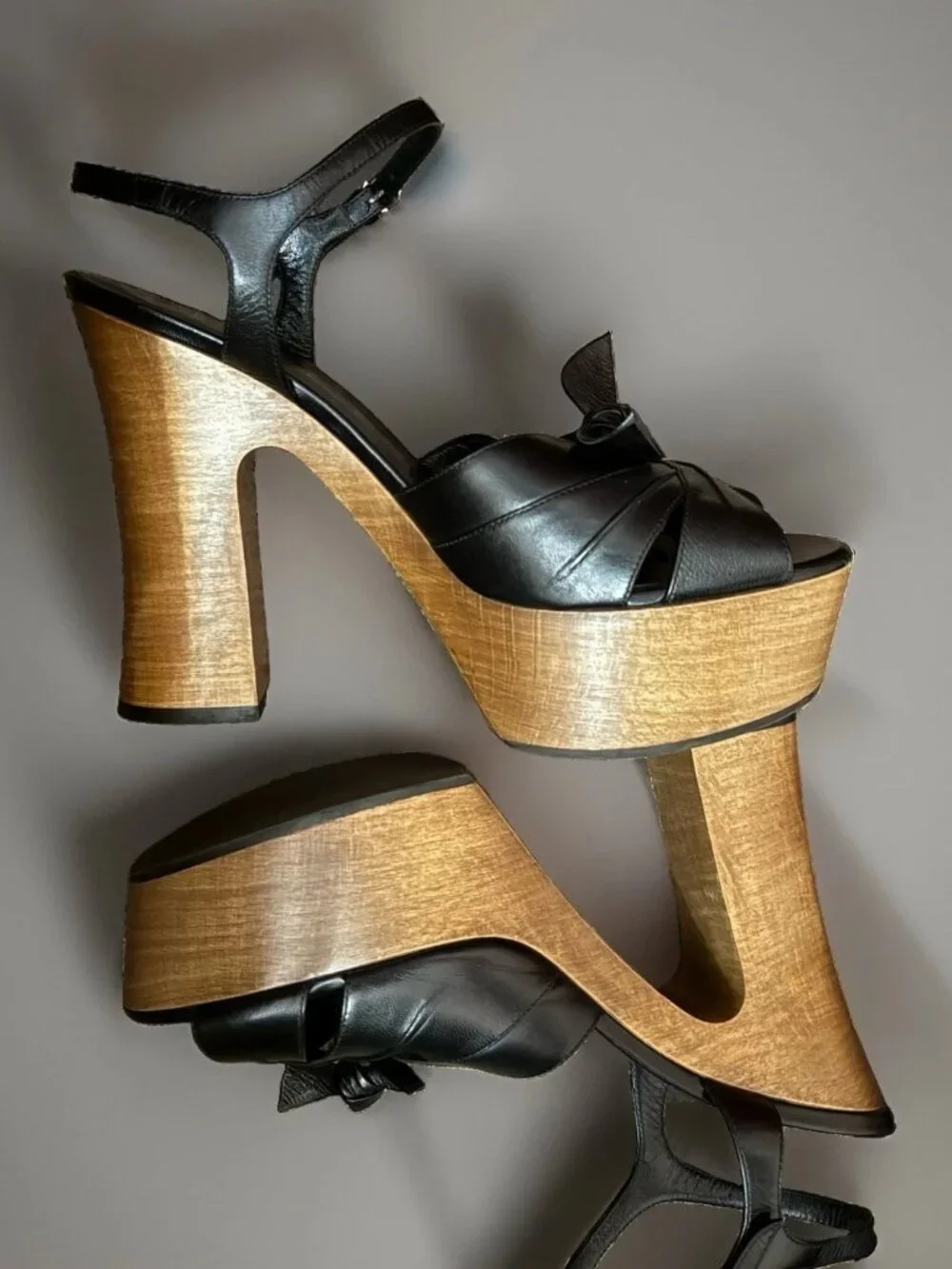 Saint Laurent Candy Black Leather Wooden Platform Sandals 38/8 US